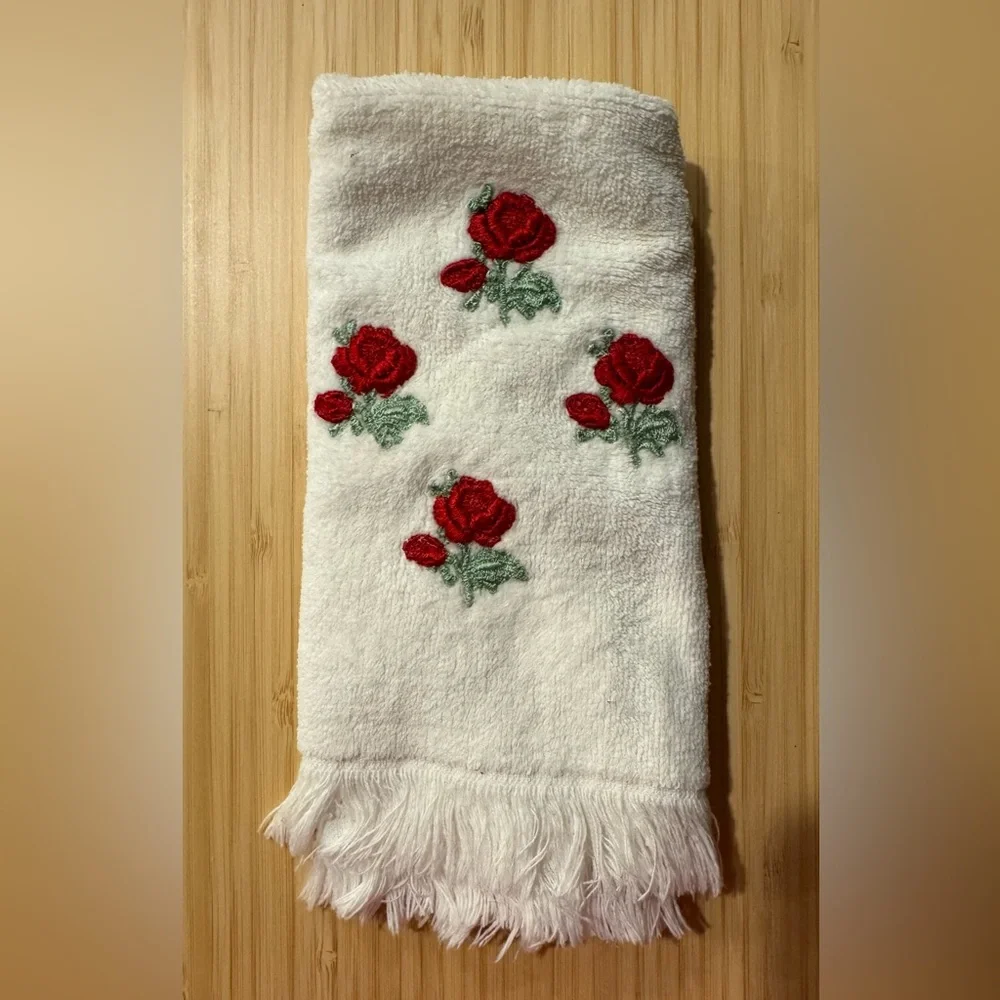 Vintage Hand Towel with Red Rose Embroidery